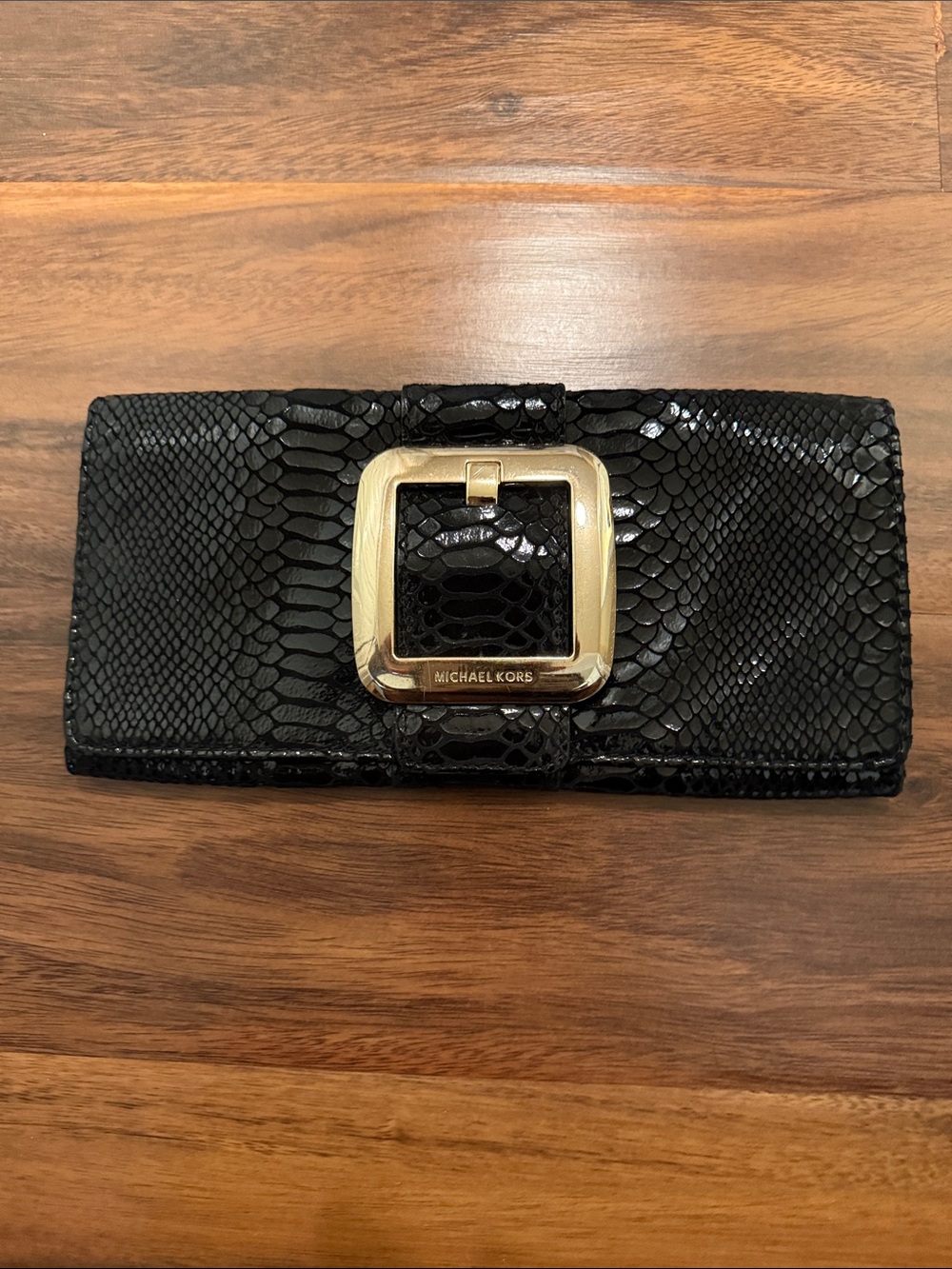 Michael Kors Black Embossed Snakeskin Clutch with Gold Buckle Accent